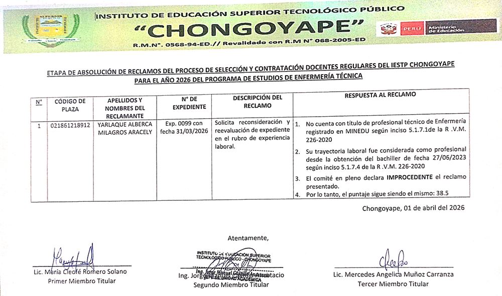 Absolución de Reclamos del Proceso de Selección y Contratación Docentes Regulares del Iestp "Chongoyape" - 2026 Enfermería Técnica