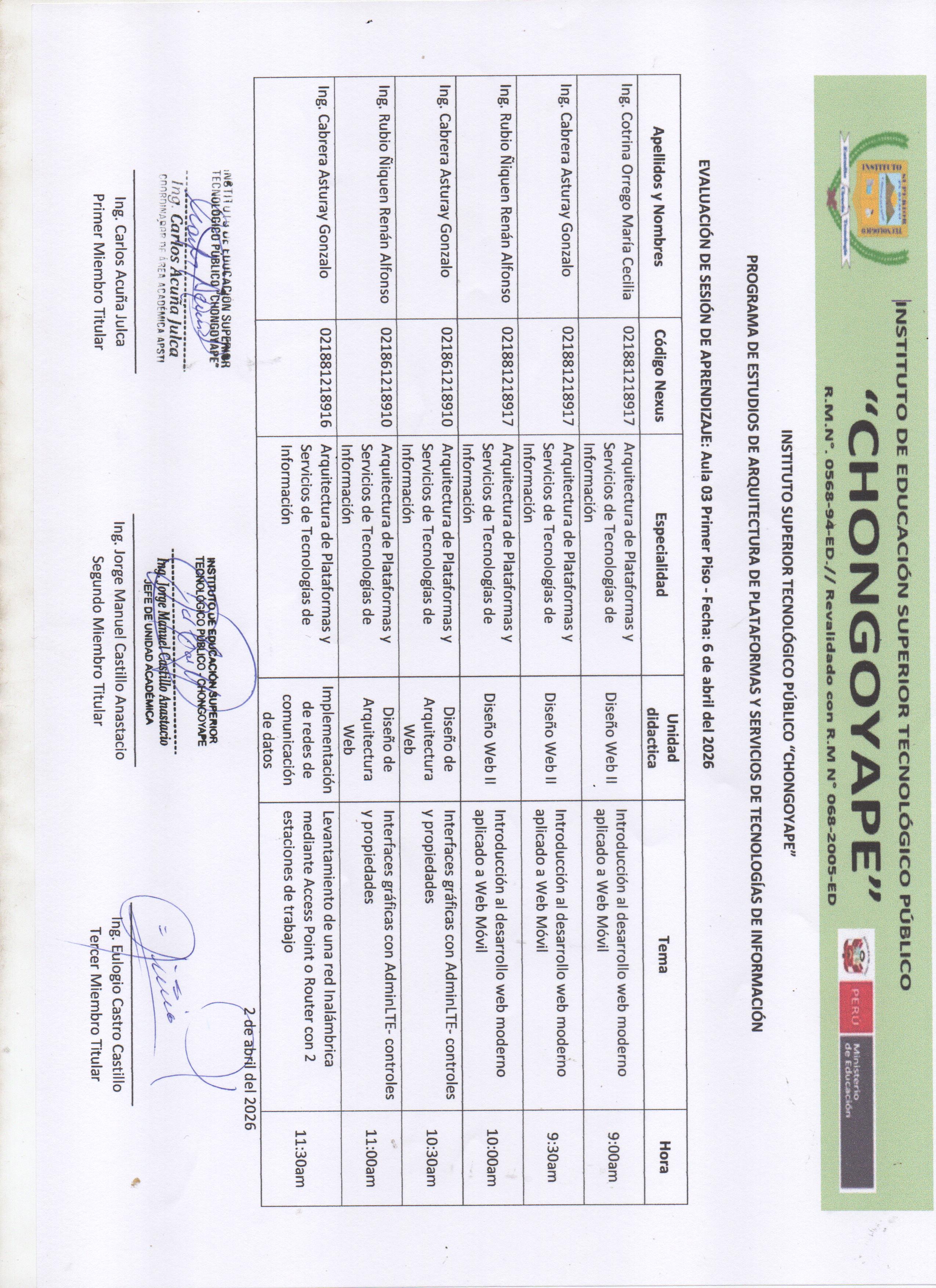 Evaluación Sesión de Aprendizaje Proceso de Selección y Contratación Docentes Regulares del Iestp "Chongoyape" - 2026 - Arquitectura de Plataformas y Servicios de Tecnologías de Información 