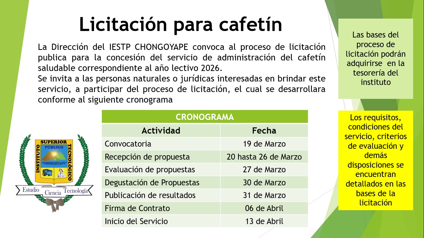 LICITACIÓN PARA LA CONCESIÓN DEL CAFETÍN 2026  DEL IESTP CHONGOYAPE