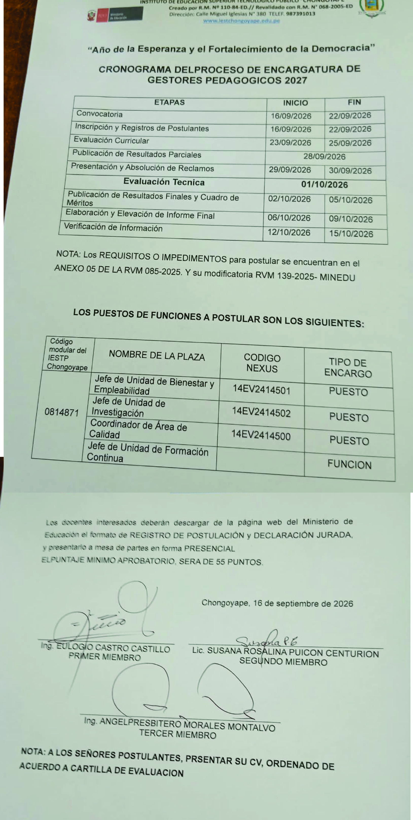 Cronograma del proceso de Encargatura de Gestores Pedagógicos 2027