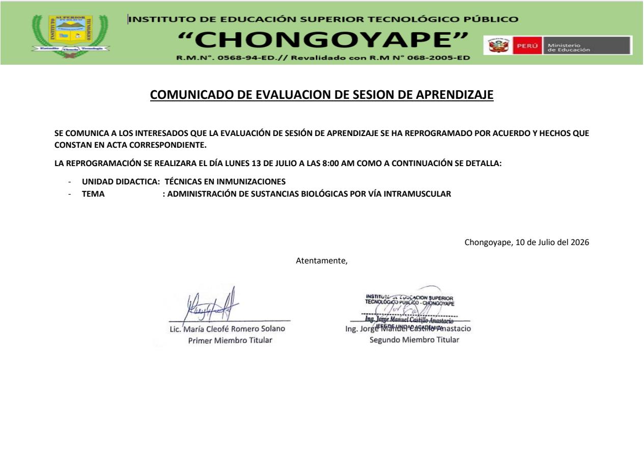 Comunicado de Evaluación de Sesión de Aprendizaje